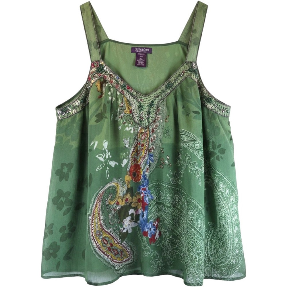 Taillissime Beaded Lined Tank Top Cami Garden Fairy Paisley Artsy Chiffon 24W